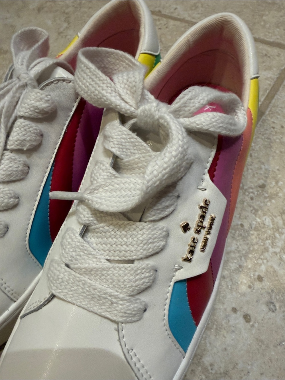 kate spade White Leather Sneakers with Pink, Blue & Yellow Accents - Picture 2 of 12
